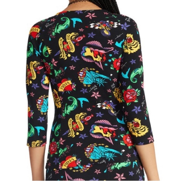 BETSEY JOHNSON SWEETHEART NECK TATTOO PRINT TOP, SZ L - Picture 3 of 14